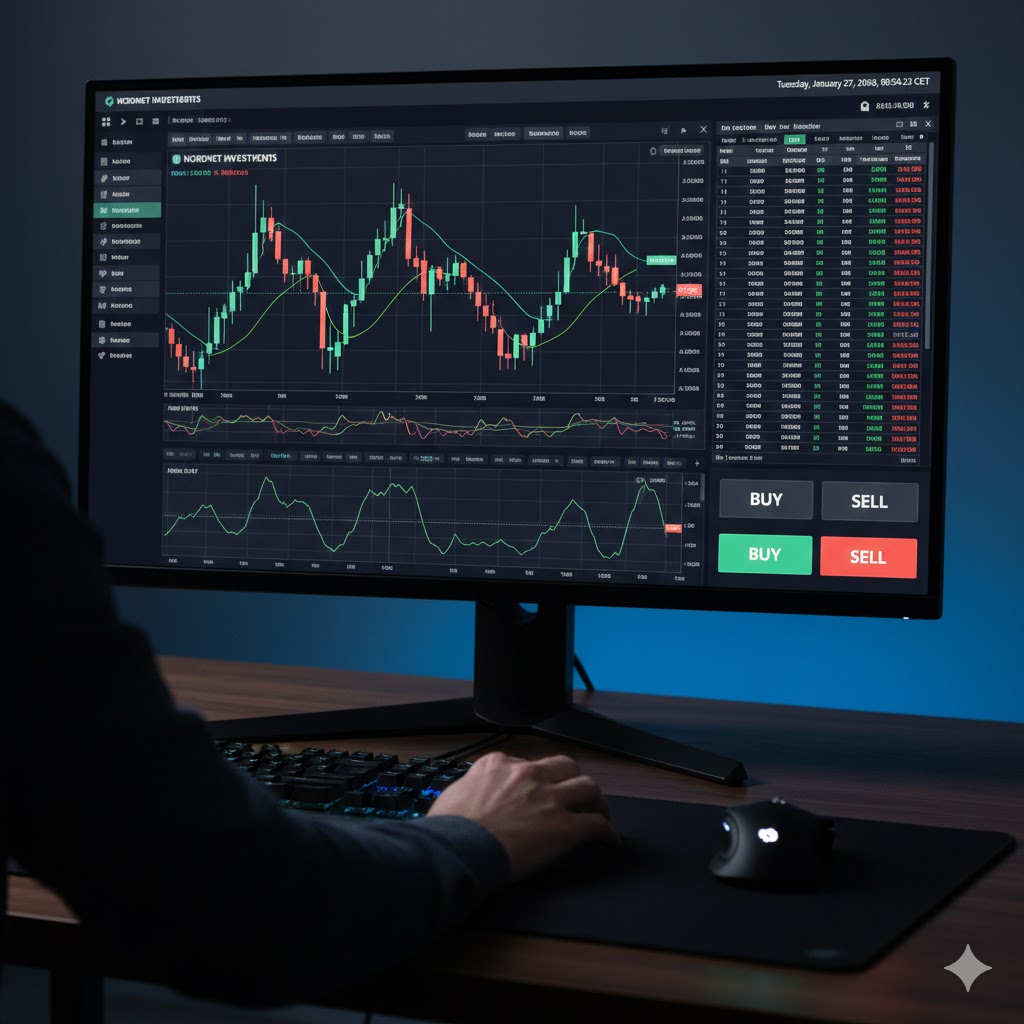 A professional financial analyst looking at a dual-monitor setup with complex risk charts and a 'leverage' indicator in red and green.