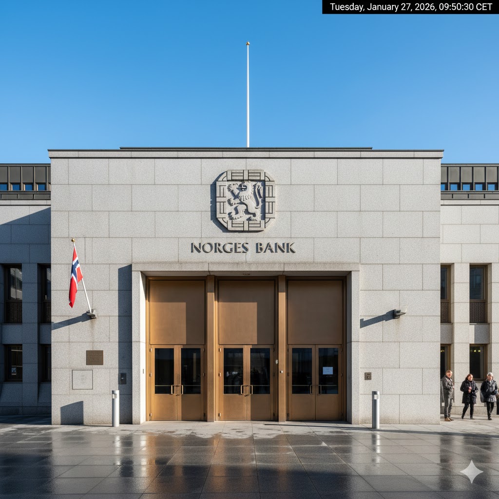 The architectural facade of Norges Bank in Oslo, representing Norwegian financial stability and monetary policy.
