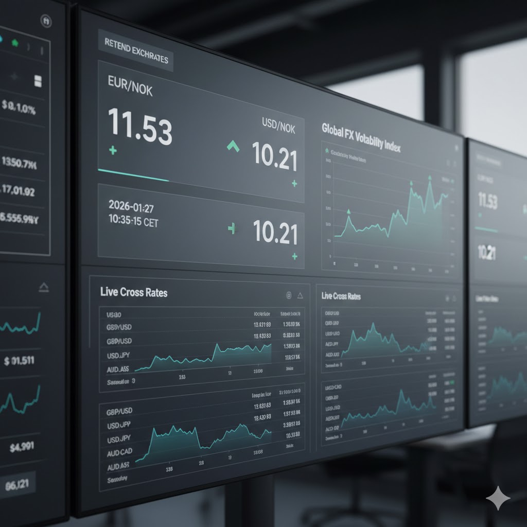 A modern control room at Norges Bank with multiple screens displaying global currency trends and oil price indicators.