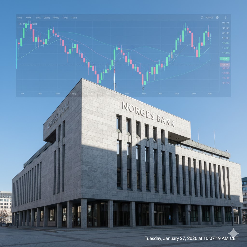 A professional trader's workstation at Norges Bank in Oslo with multiple monitors showing global currency trends and oil prices.