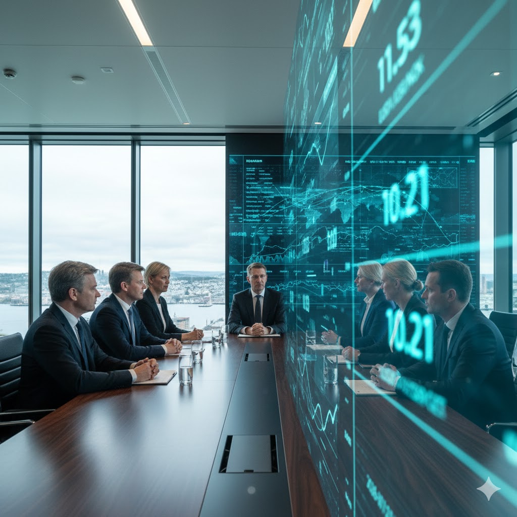 A professional trader's desk with multiple monitors displaying global currency charts, focusing on the Asian market and the Norwegian krone.