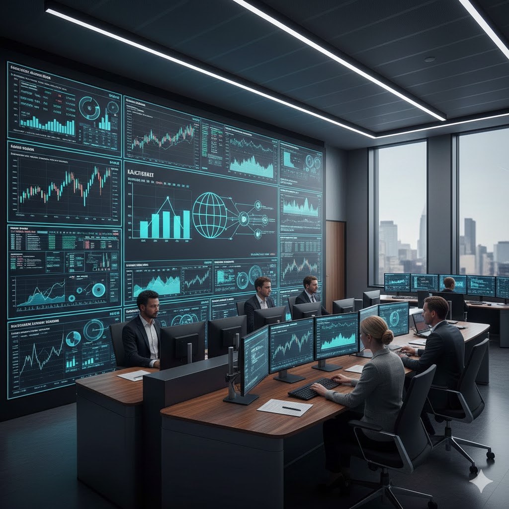 A modern control room inside Norges Bank in Oslo, with analysts monitoring screens displaying global oil prices and currency trends.
