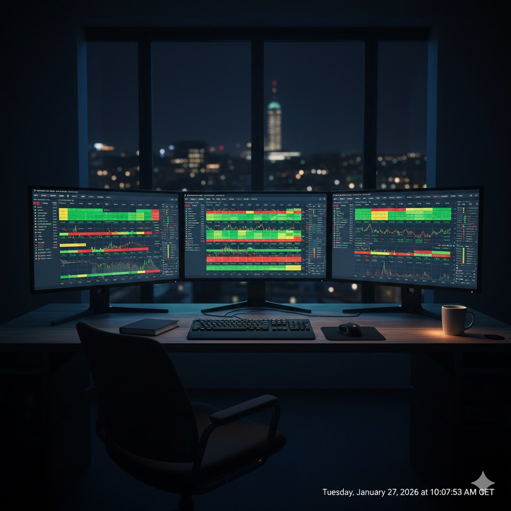 A professional trader's desk at Norges Bank in Oslo with multiple screens displaying currency charts and financial data.