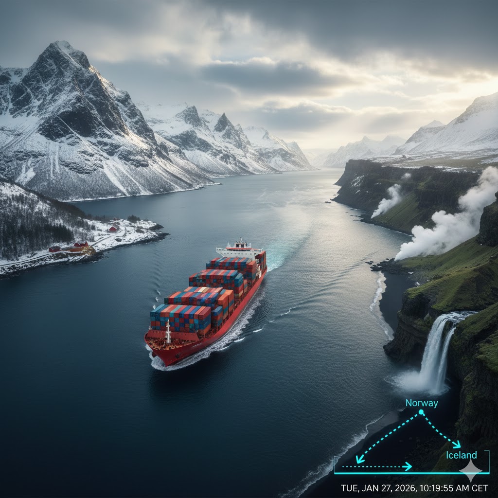 A large cargo ship sailing between a Norwegian fjord and an Icelandic volcanic coastline, representing bilateral trade.