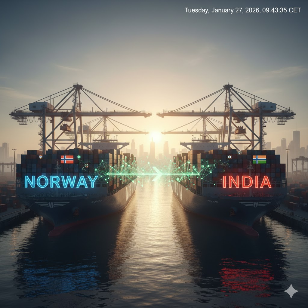 A large cargo ship carrying containers between a Norwegian port and an Indian terminal, symbolizing the growing trade between the nations.