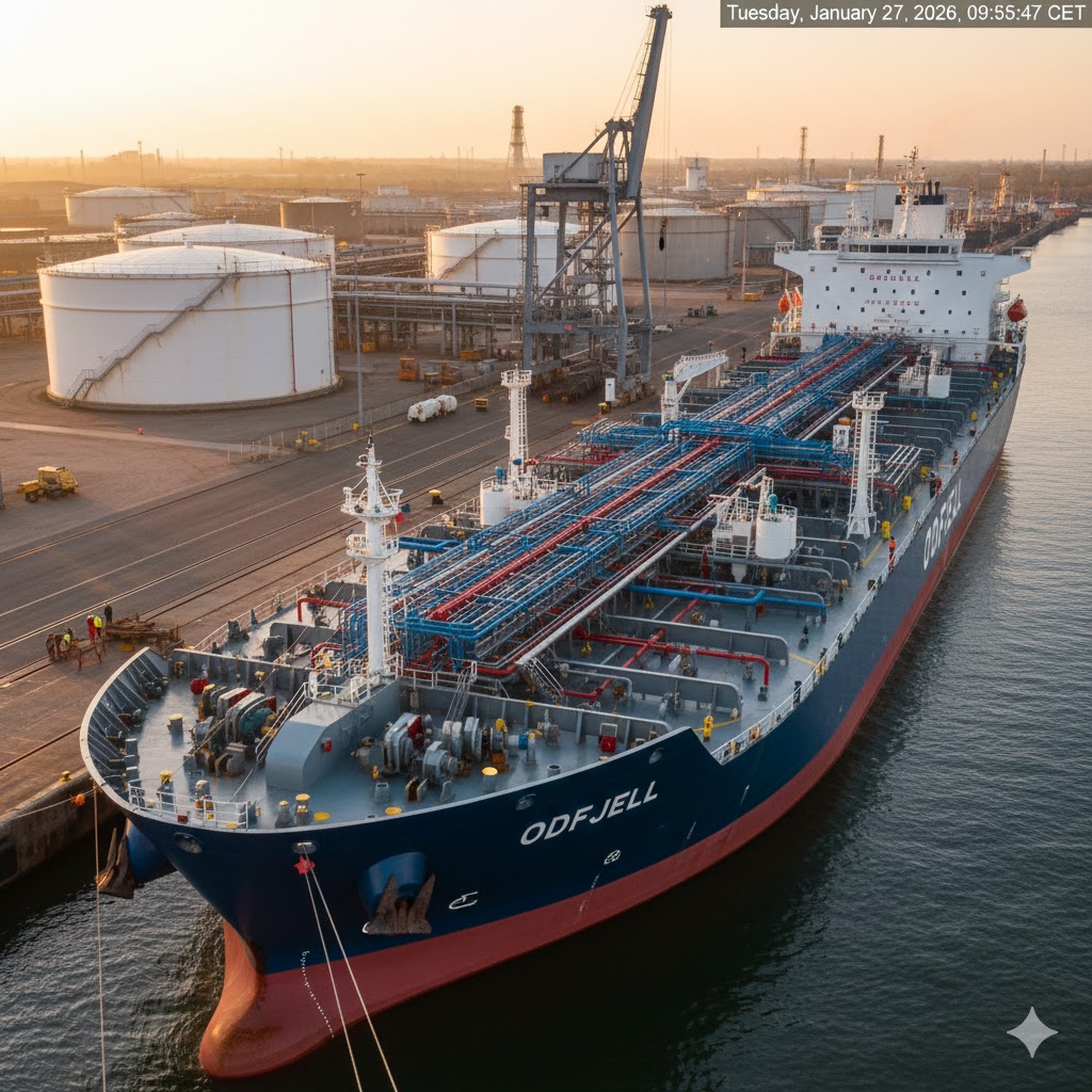 En høyoppløselig dronefotografering av et moderne Odfjell kjemikalietankskip som legger til kai ved en høyteknologisk terminal i Houston, med industrianlegg i bakgrunnen.