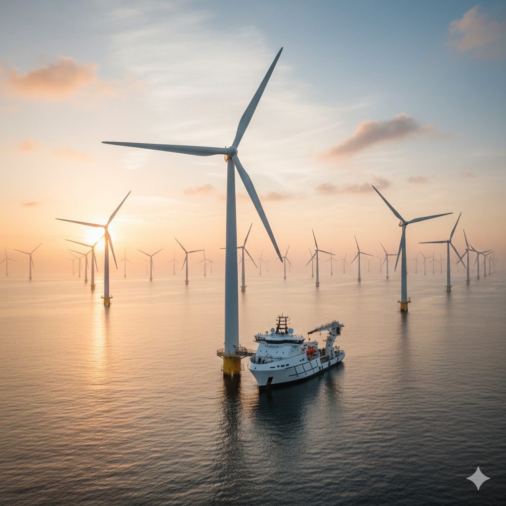 Et teknisk avansert OSCV-skip fra Sea1 som legger kabler ved en stor havvindpark, med vindturbiner i bakgrunnen som symboliserer det grønne skiftet.