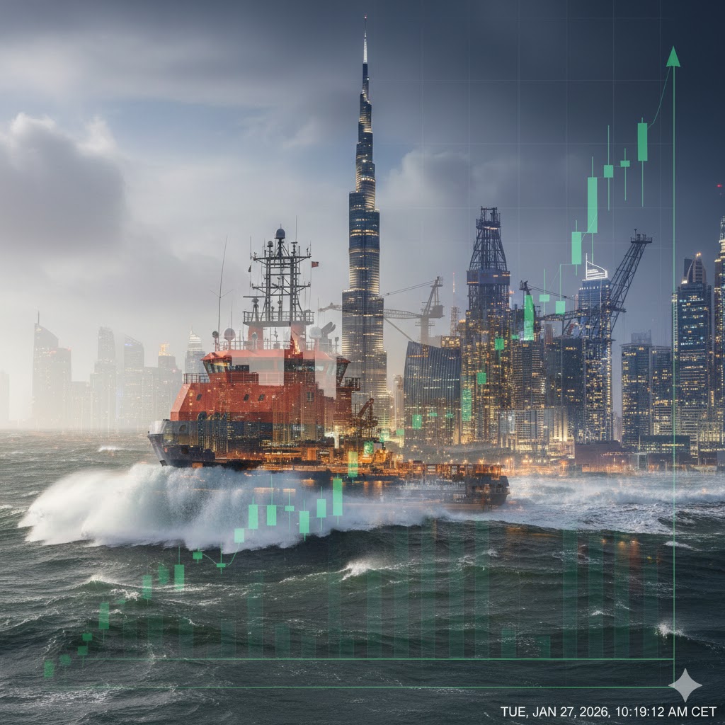 Digital skjerm som viser live valutakurs for AED til NOK med Burj Khalifa og norsk fjord i bakgrunnen.