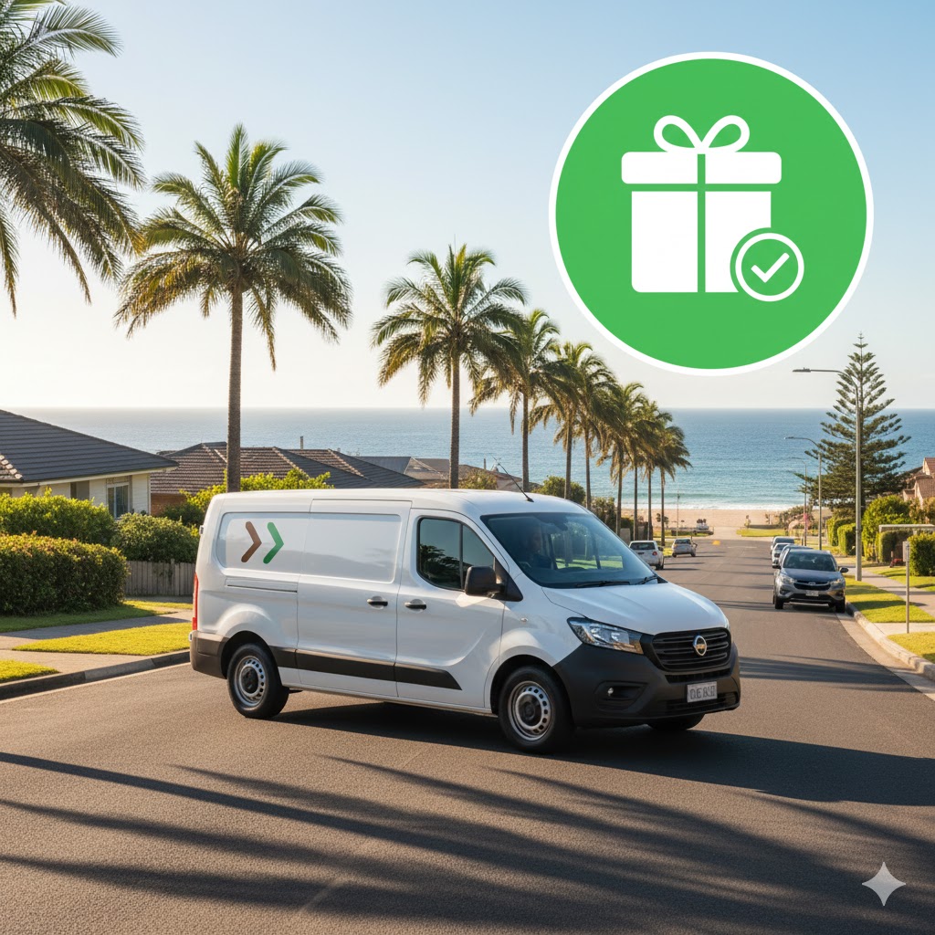 A delivery van and packages branded with Australian motifs arriving at a modern house in Norway, representing global e-commerce and currency exchange.