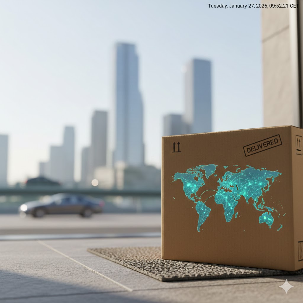 A cargo plane and delivery boxes with a laptop showing a Japanese e-commerce site, representing global trade and currency exchange.