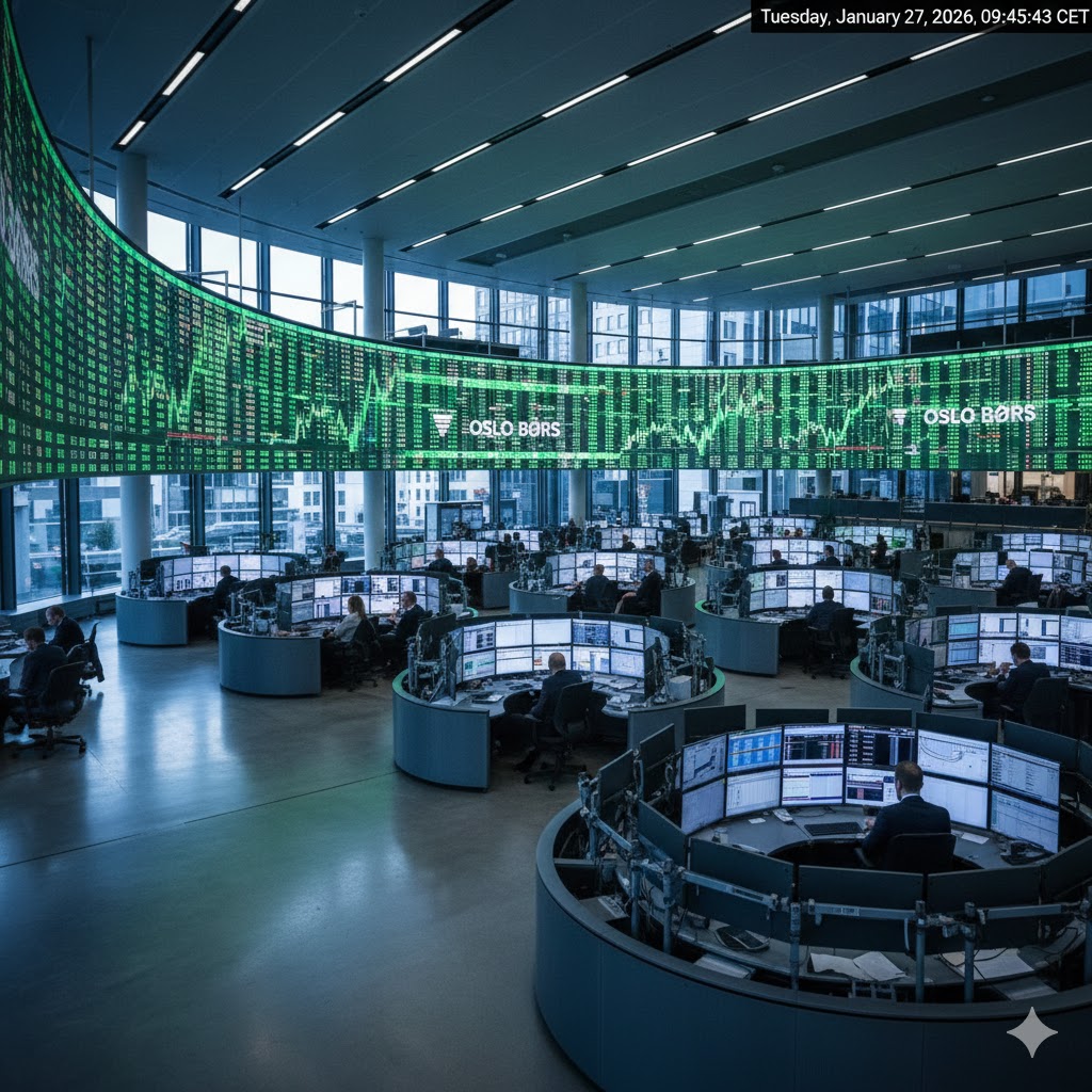 The historic Oslo Børs building with a digital overlay showing the OSEBX ticker and professional investors in the foreground.