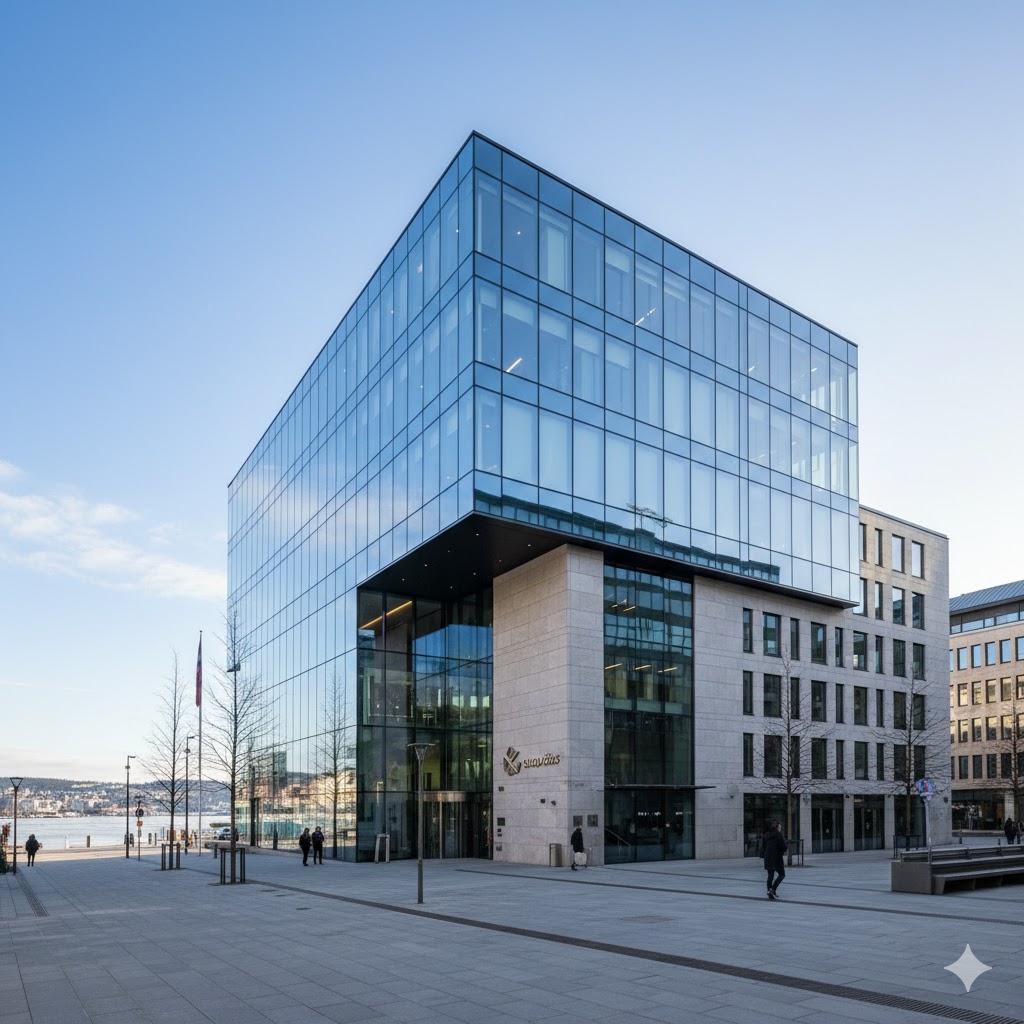 A modern, high-tech stock exchange interior with large displays showing market indices and the Oslo Børs logo