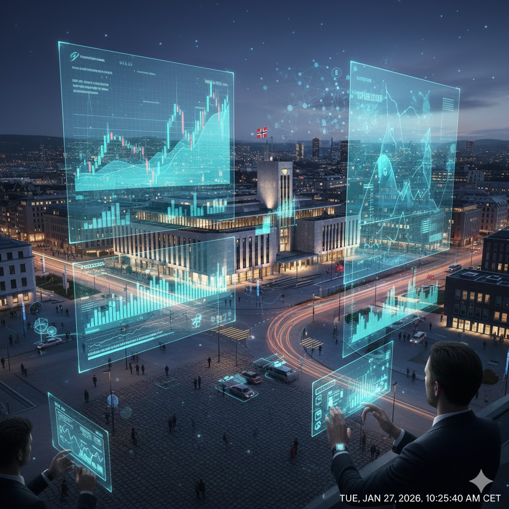 The historic Oslo Børs building in Oslo with a digital overlay of the OSEBX index chart showing a steady upward trend.