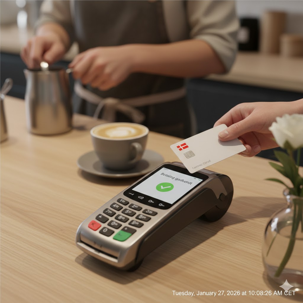 A close-up of a hand using a contactless credit card at a payment terminal in a stylish cafe in Copenhagen.