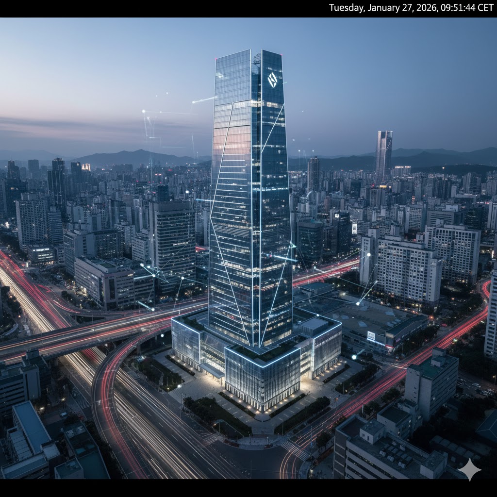 The iconic Samsung headquarters building in Seoul, symbolizing the technological drivers of the South Korean economy.