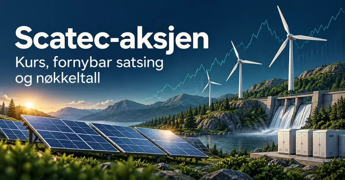 Illustrasjon av Scatec-aksjen med solcellepaneler, vindturbiner, vannkraftverk og batterilagring foran en stilisert aksjekurve.