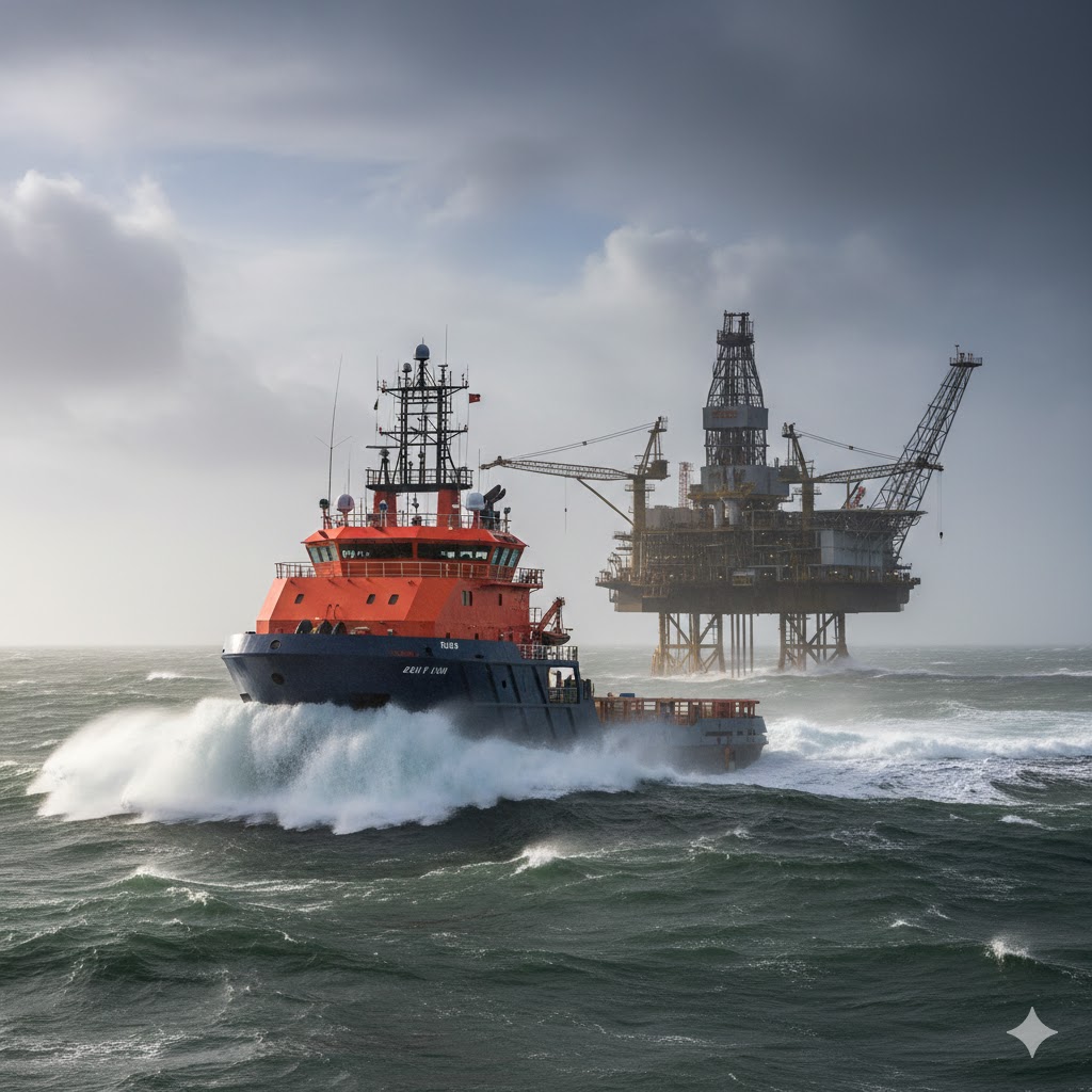 En profesjonell dronefotografering av et moderne Sea1 Offshore subsea-fartøy i operasjon ved en oljeplattform i Nordsjøen, i strålende sollys.