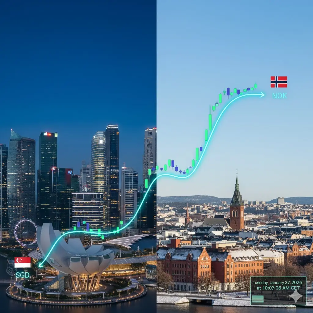 A modern digital tablet displaying a professional currency chart comparing SGD and NOK with green and red candlesticks against a financial district background.