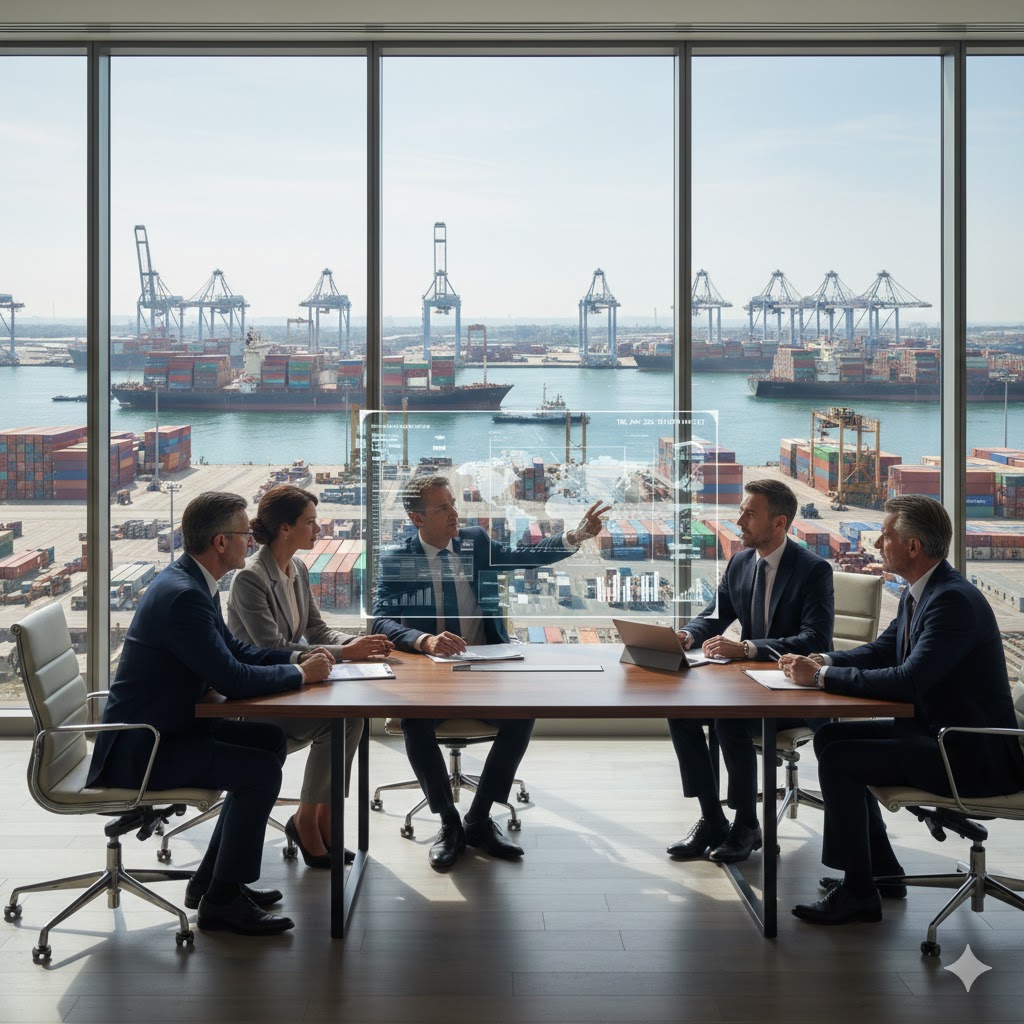 Styre- eller ledermøte i Oslo med havneutsikt, hvor shippingledere diskuterer global logistikk og grønne energiovergangsstrategier.