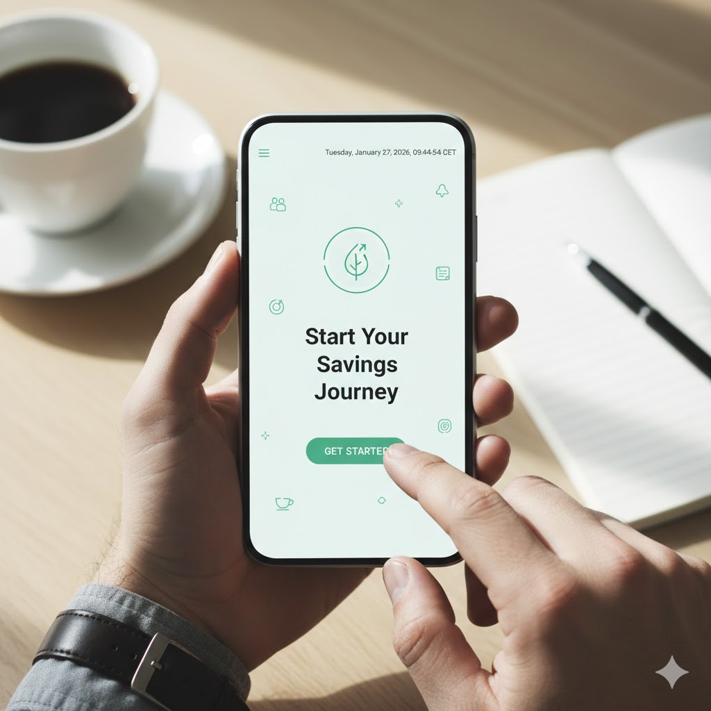 A close-up of a person using a smartphone app to set up a monthly recurring investment in a global mutual fund