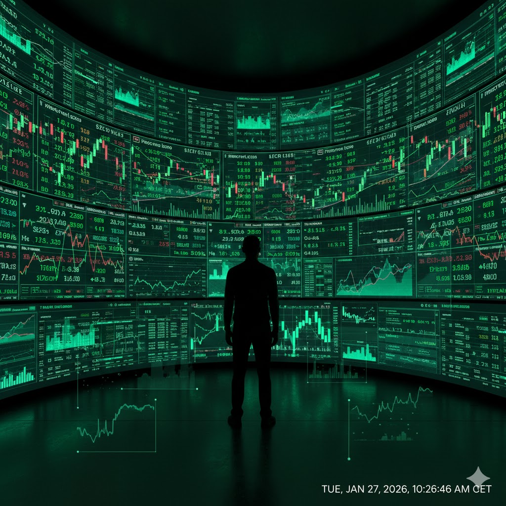 A close-up of a dual-monitor setup showing complex stock charts, a news feed from E24, and technical analysis indicators like RSI and MACD.