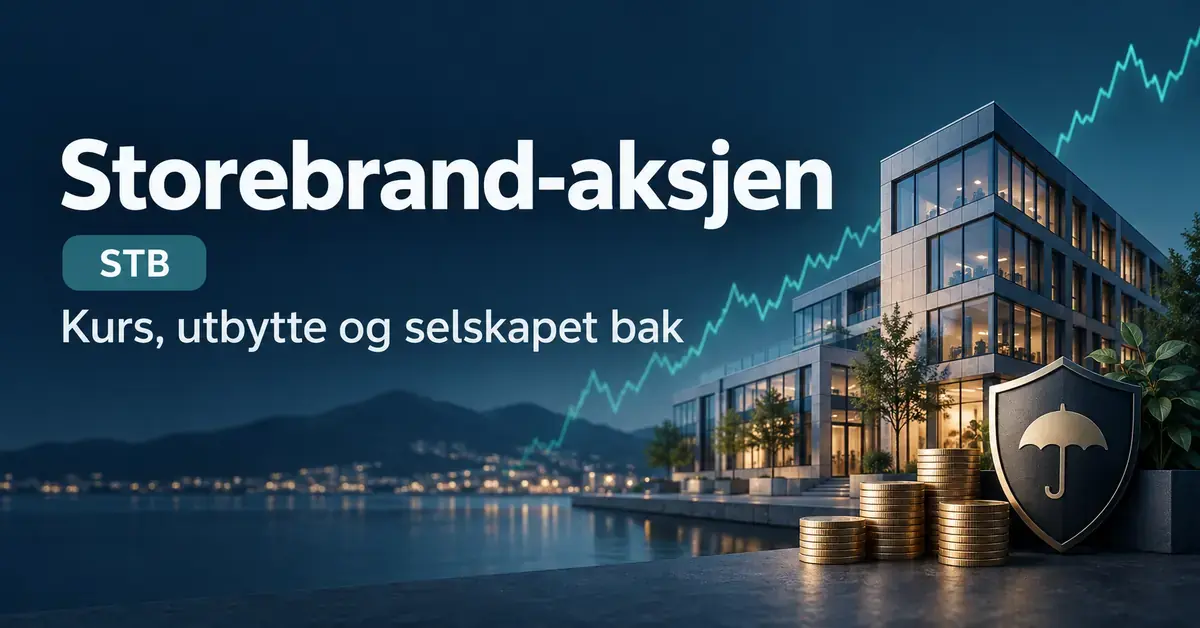 Illustrasjon av Storebrand-aksjen (STB) med kontorbygg, myntstabler, et skjold og en stilisert kurskurve, samt teksten «Kurs, utbytte og selskapet bak».