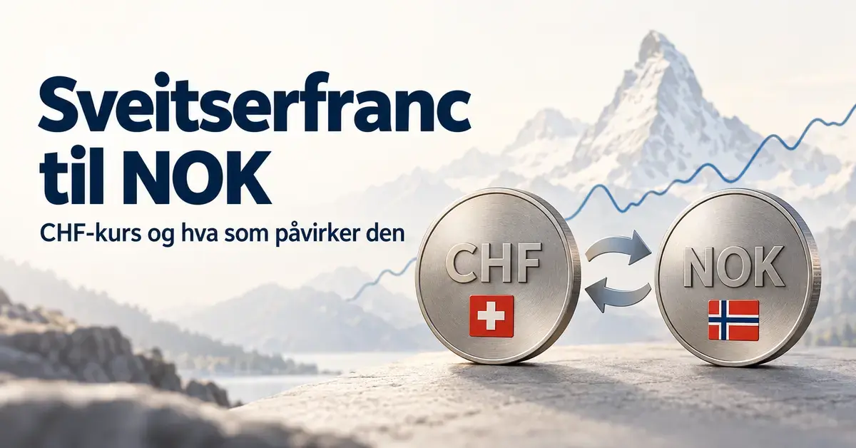 Illustrasjon av sveitserfranc og norske kroner med valutasymbolene CHF og NOK, sveitsisk og norsk flagg, vekslingspiler og en kurslinje foran et alpelandskap.