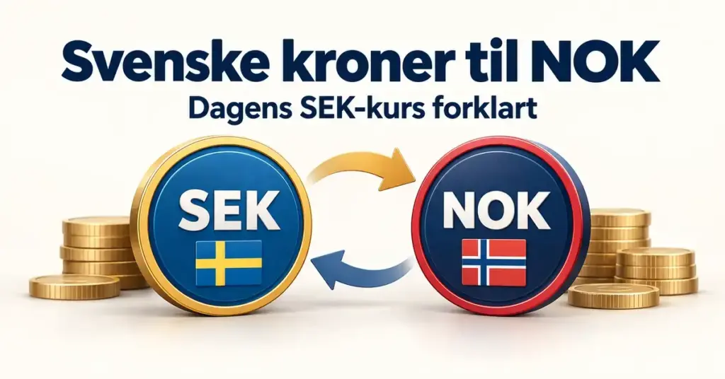 Illustrasjon av svenske og norske kroner med valutasymbolene SEK og NOK, landenes flagg og piler som viser veksling mellom valutaene.