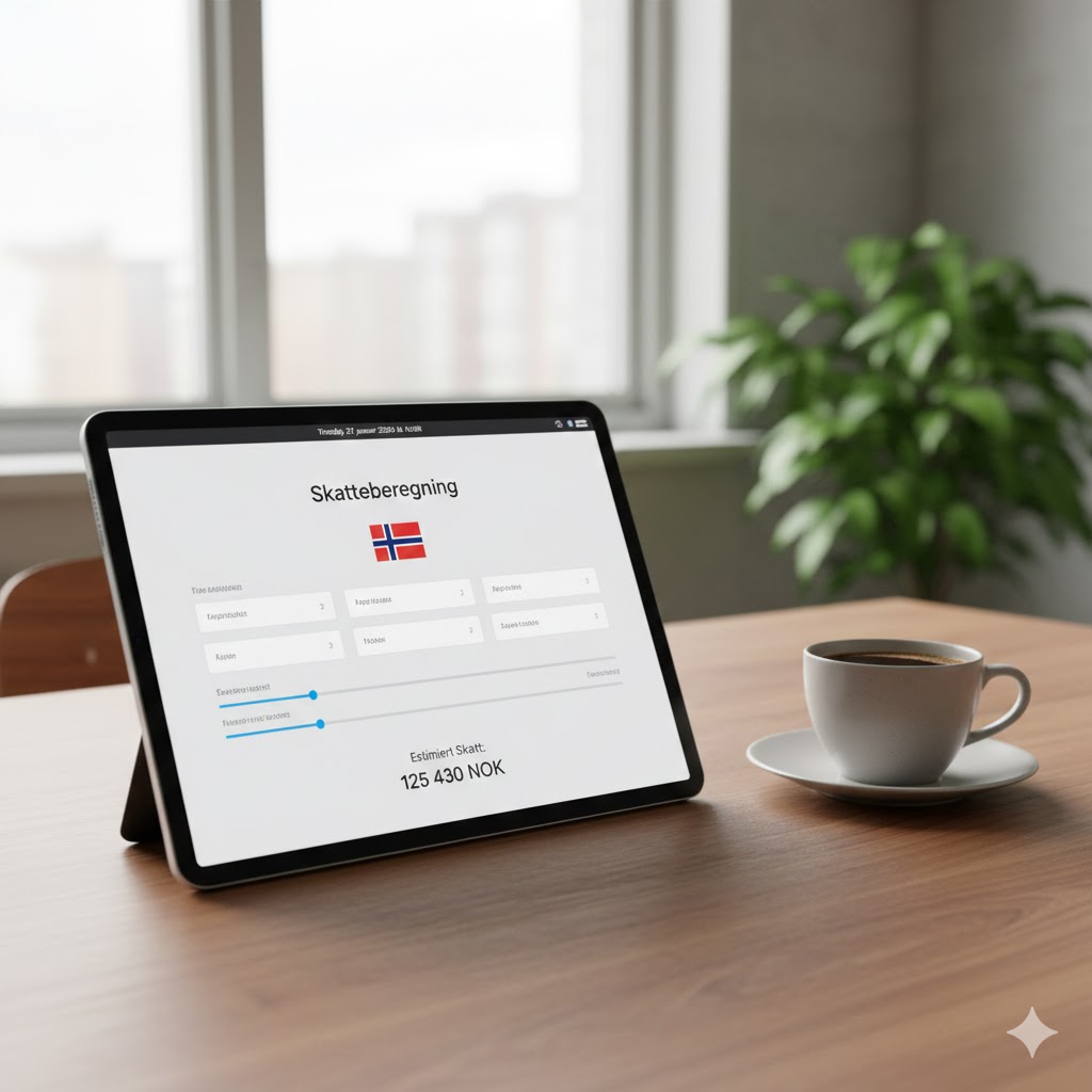 A close-up of a person filling out a Norwegian tax return on a laptop, with a TSJEKKISK KORUNA coin and a calculator on the desk.