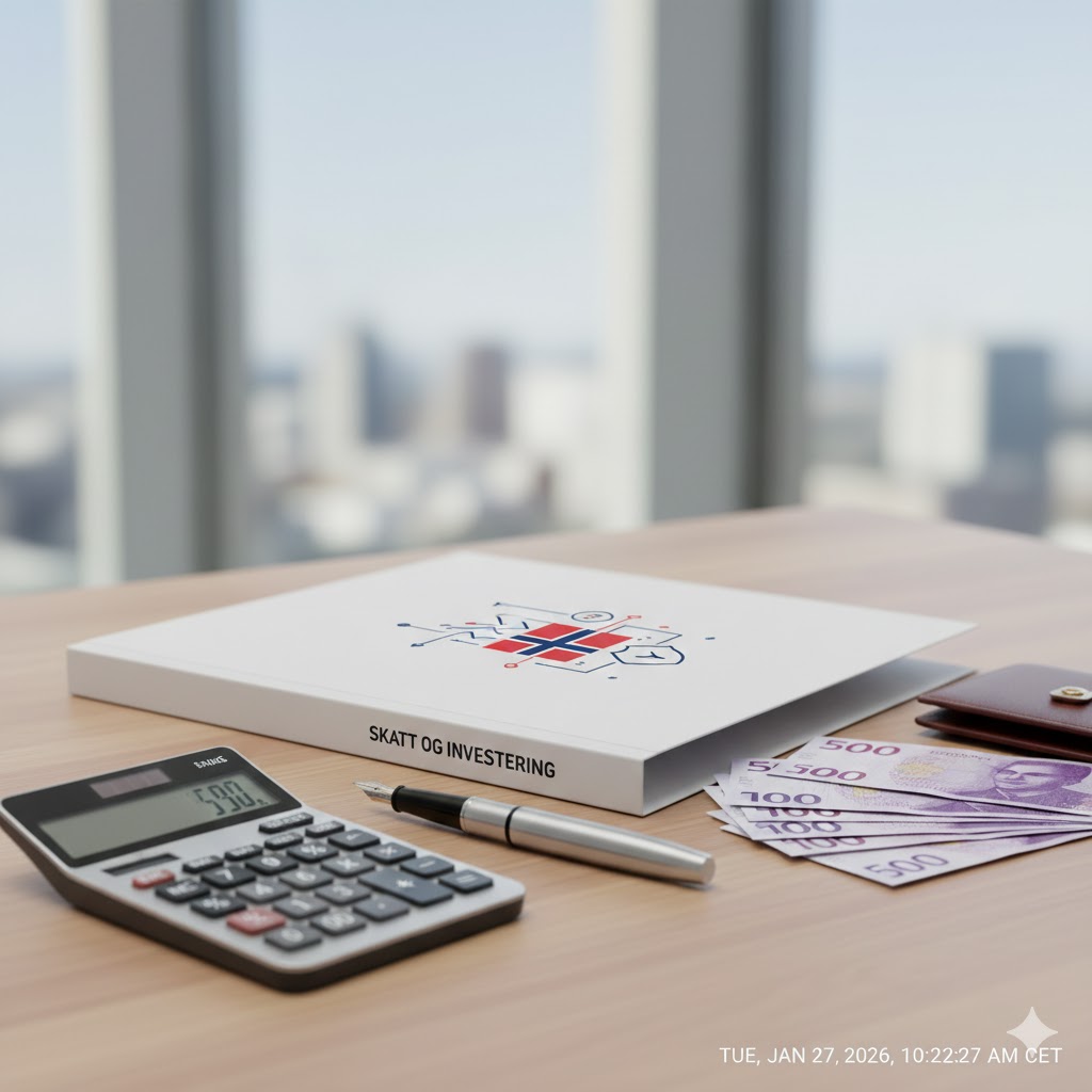 En ryddig kontorpult med en bærbar datamaskin som viser Skatteetatens nettsider og en kalkulator, som symboliserer finansiell planlegging.