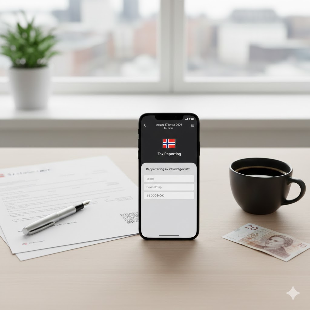 A close-up of a person filling out a Norwegian tax return on a laptop, with a calculator and currency conversion charts visible on the desk.
