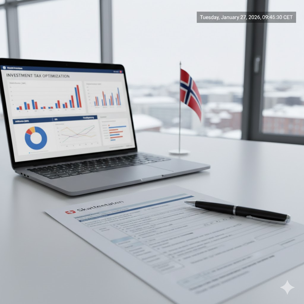 A conceptual image of a piggy bank with a Norwegian flag, surrounded by documents representing new tax laws and a growing stack of coins.