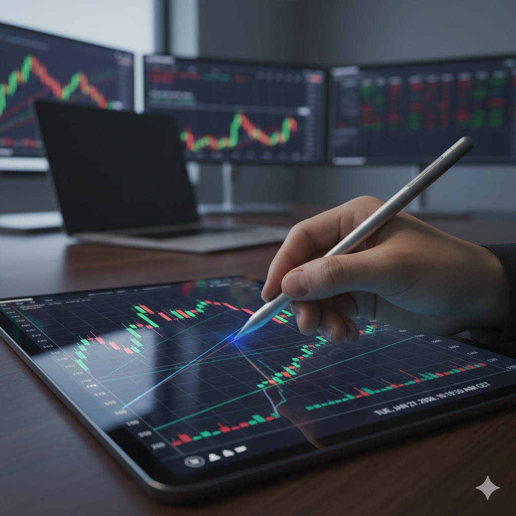 Nærbilde av en traders skjerm som viser teknisk analyse av AED/NOK valutaparet med indikatorer som RSI og Bollinger Bands.