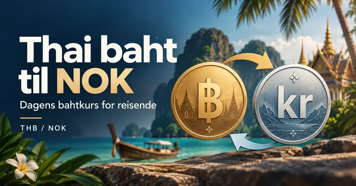 Illustrasjon av thailandske baht og norske kroner med vekslingspiler foran et thailandsk kystlandskap og teksten «Thai baht til NOK – Dagens bahtkurs for reisende».