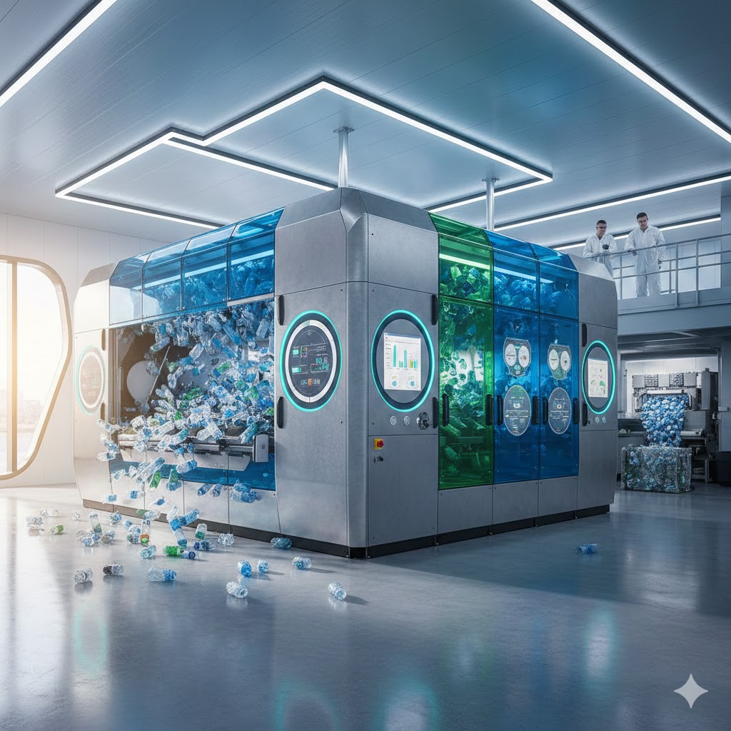 Et nærbilde av en moderne Tomra R1 panteautomat i en dagligvarebutikk, med en person som tømmer en hel pose med flasker inn i maskinen, som symboliserer effektivitet.