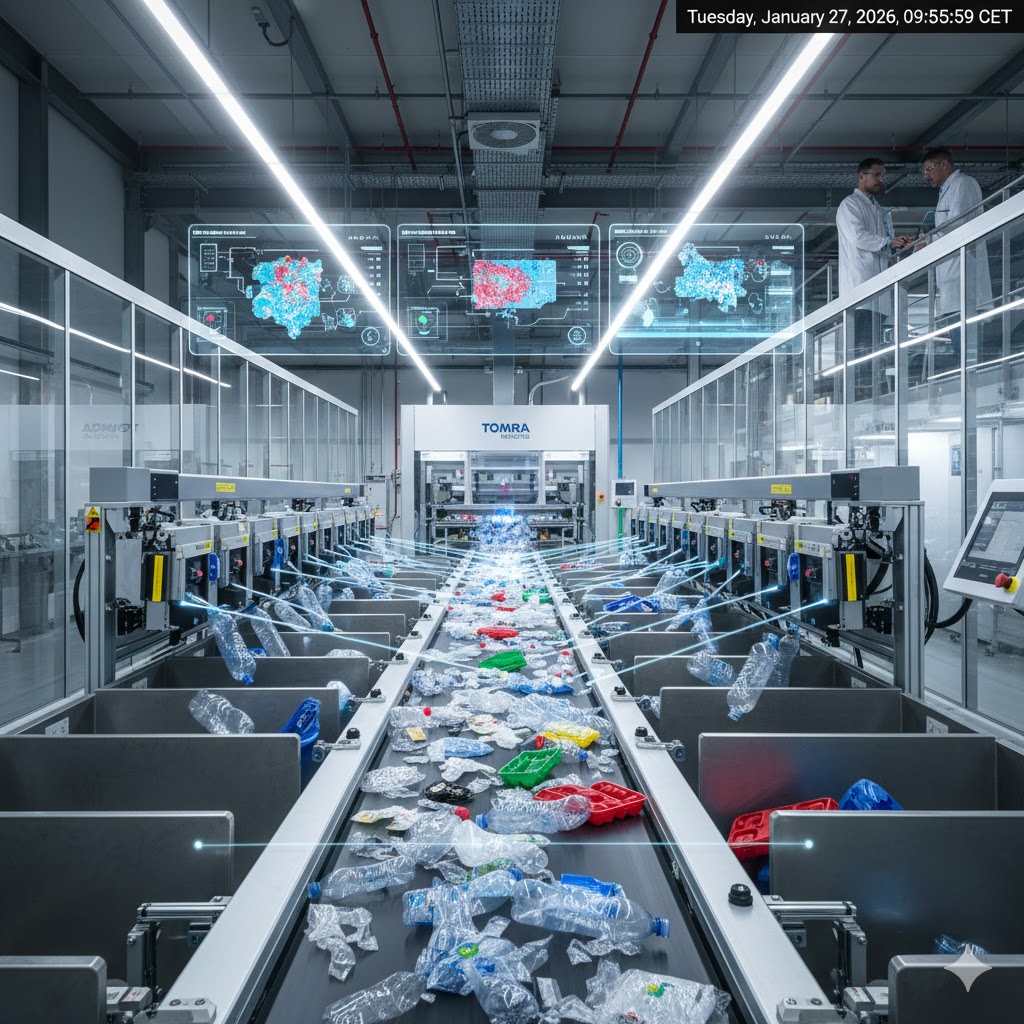 En profesjonell dronefotografering av et moderne Tomra sorteringsanlegg, som viser avanserte transportbånd og sensorbaserte maskiner i en ren og høyteknologisk industrihall.