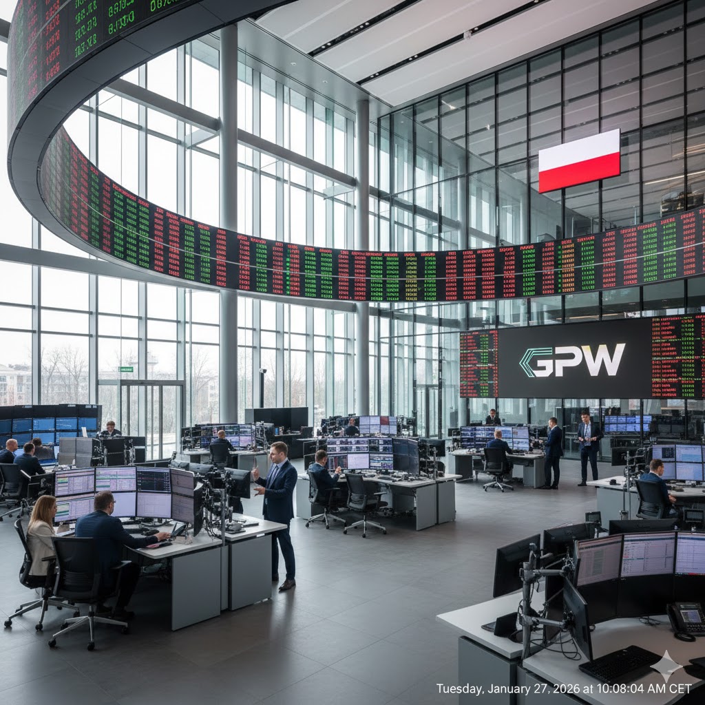 The modern and sleek interior of the Warsaw Stock Exchange (GPW) showing digital tickers and professional investors.