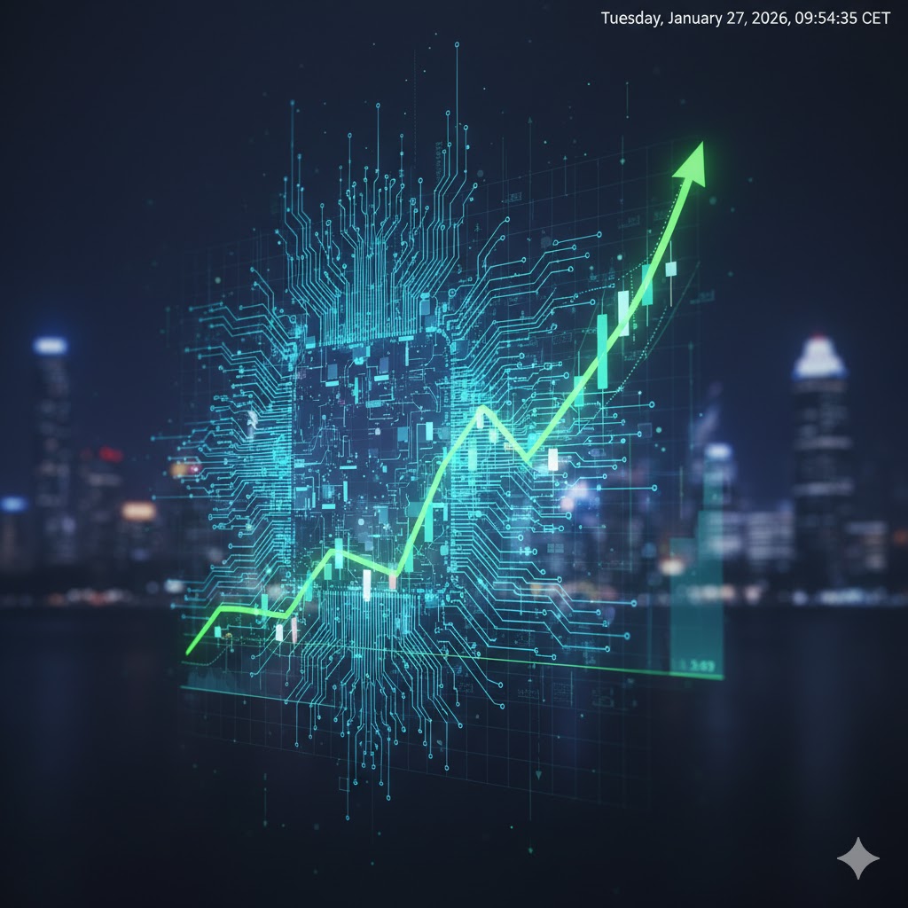 En moderne digital skjerm som viser live aksjekurser for Wawi med glødende blå grafer og teknologiske kretser i bakgrunnen.