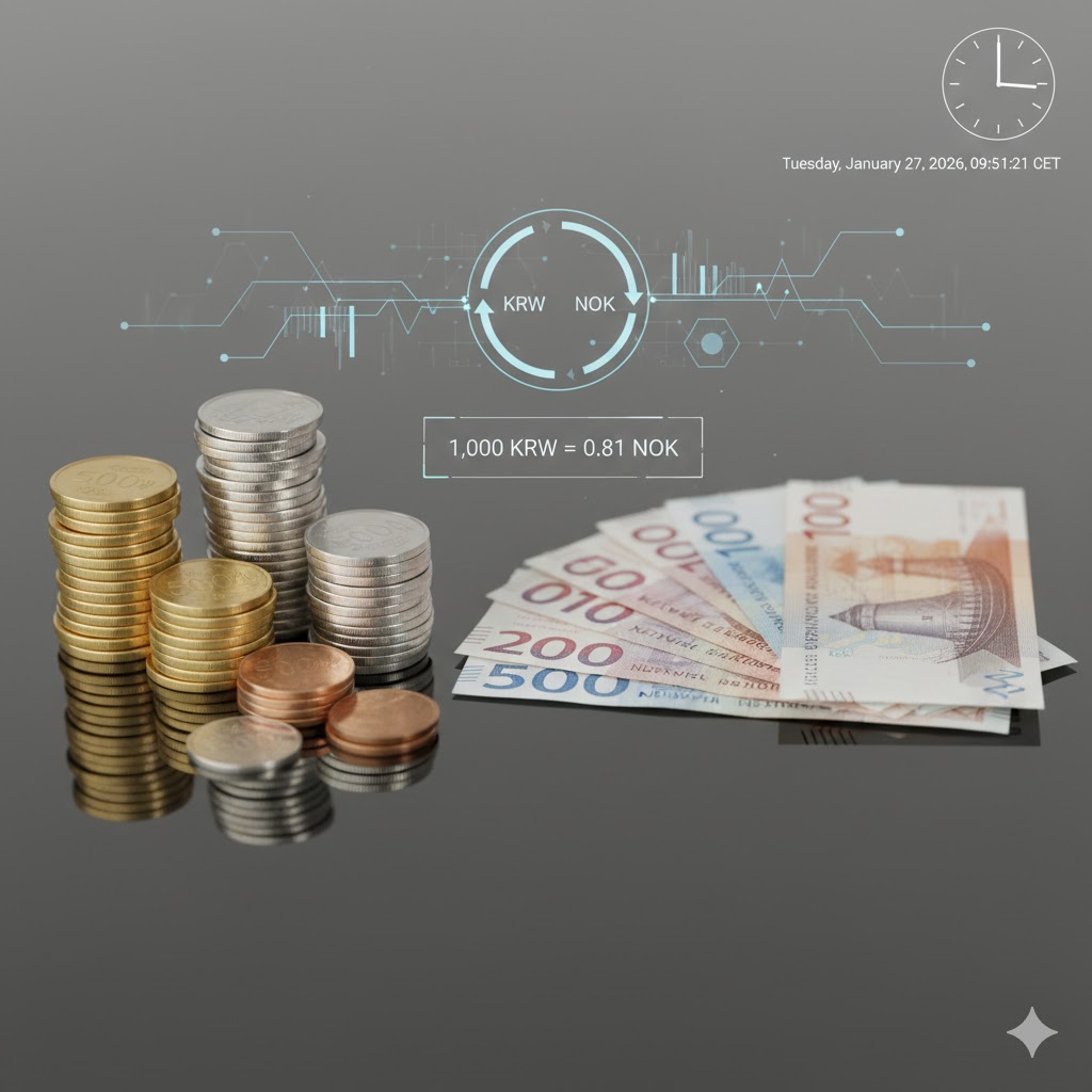 A modern digital display in a financial office showing the exchange rate between KRW and NOK with glowing Asian and Nordic motifs in the background.